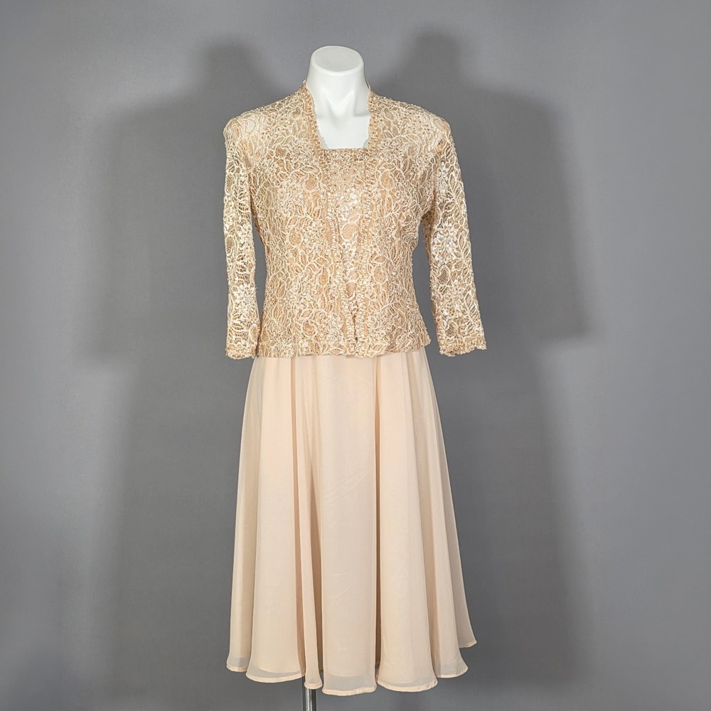 Karen Miller‎ New York 2pc Dress Set Womens Champagne Sequin Lace Chiffon 8